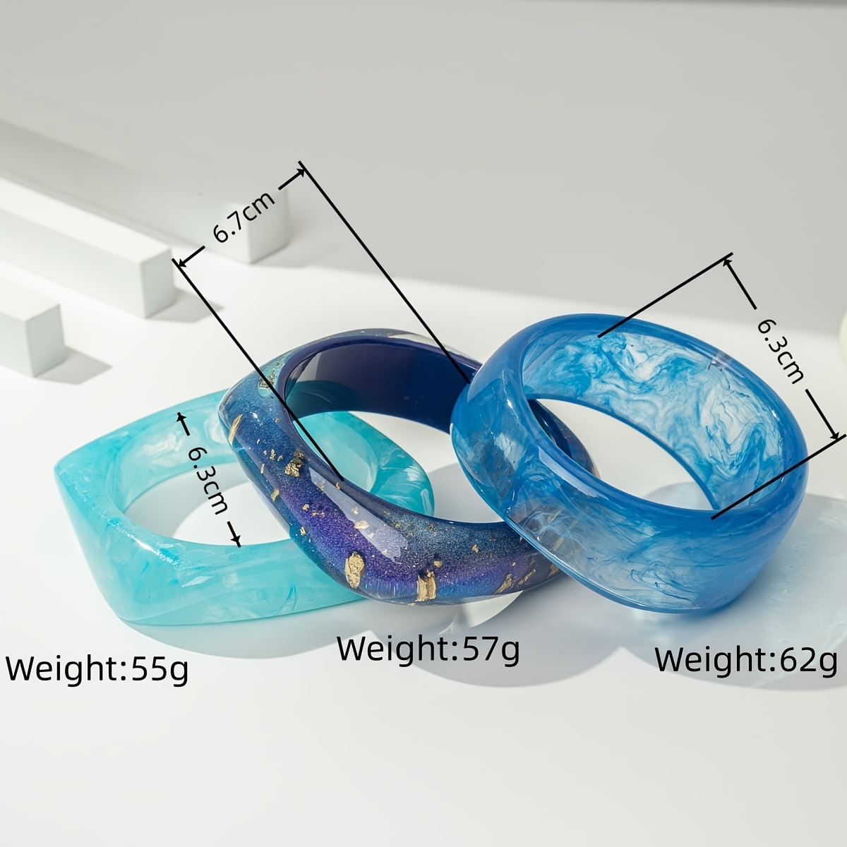 3pcs Geometric Ombre Stackable Blue Bracelet Set, Elegant Design